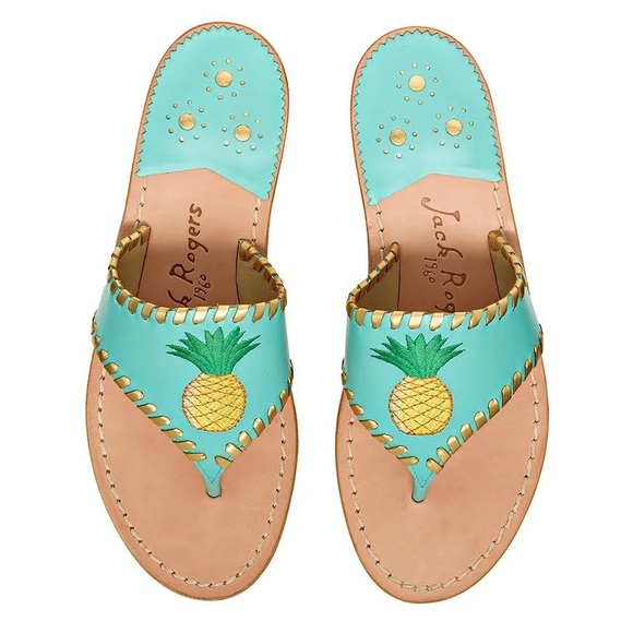 JACK ROGERS Caribbean Blue Pineapple Sandals Leather Flip Flops Size 10 - Picture 1 of 10